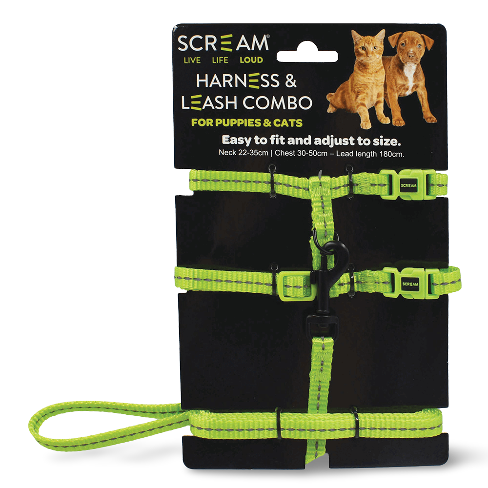 Reflective Adjustable Nylon Cat Puppy Harness With Leash Loud Green