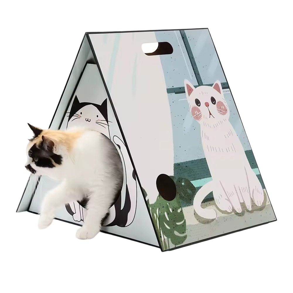 Cartoon Cardboard Cat House and Scratcher with Handle