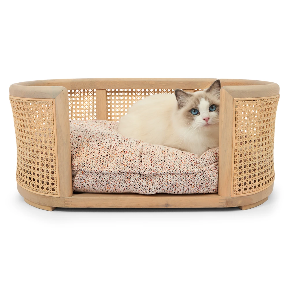 Natural Oak Wood Wicker Frame Pink Cushion Pet Bed 1 Natural Oak Wood Wicker Frame Pink Cushion Pet Bed