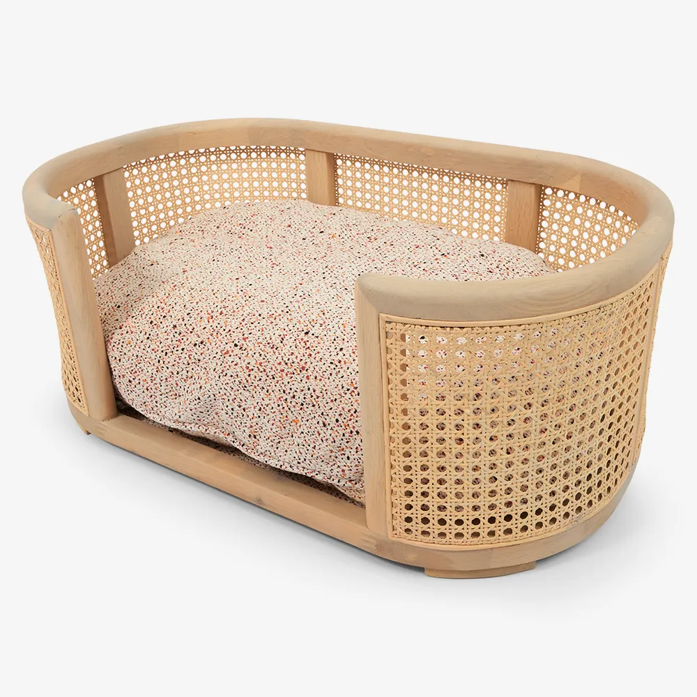 Natural Oak Wood Wicker Frame Pink Cushion Pet Bed 2 Natural Oak Wood Wicker Frame Pink Cushion Pet Bed