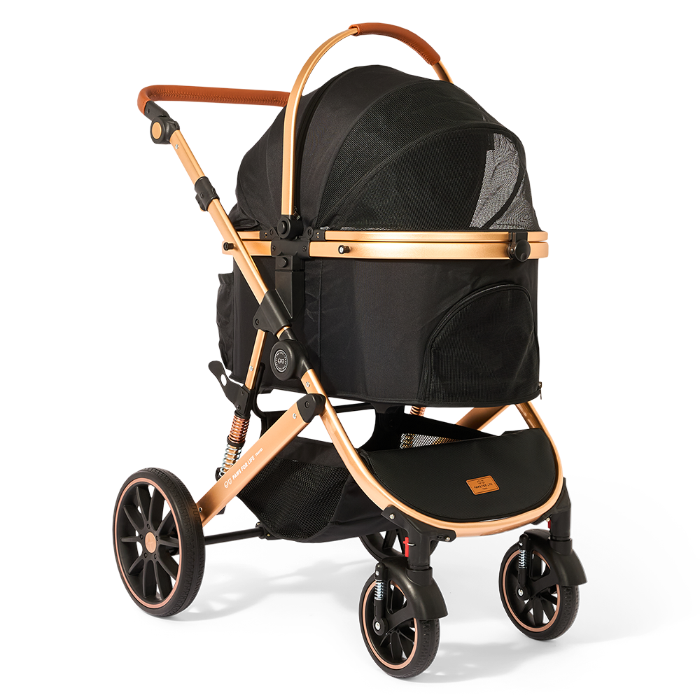 Foldable Pet Stroller Black With Gold Frame
