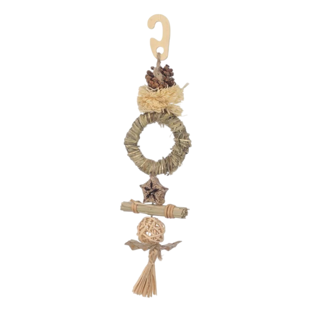 Woven Grass Ring N Pom Pom Hanging Small Pet Toy 1 Woven Grass Ring N Pom Pom Hanging Small Pet Toy